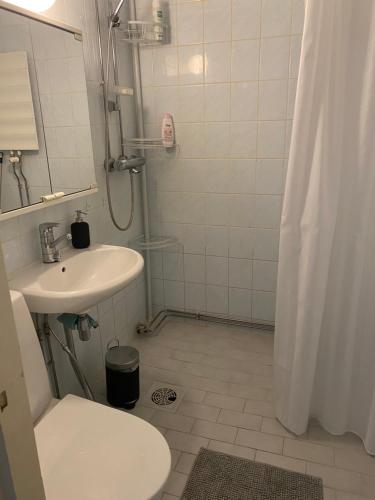 科特卡Apartments ”Enkeli”的白色的浴室设有水槽和卫生间。