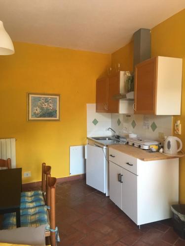 MontaleAppartamento il Giglio的厨房设有黄色的墙壁和白色的冰箱。