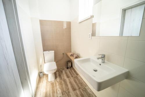 波达雅斯卡Ubytovanie AGATE的白色的浴室设有水槽和卫生间。