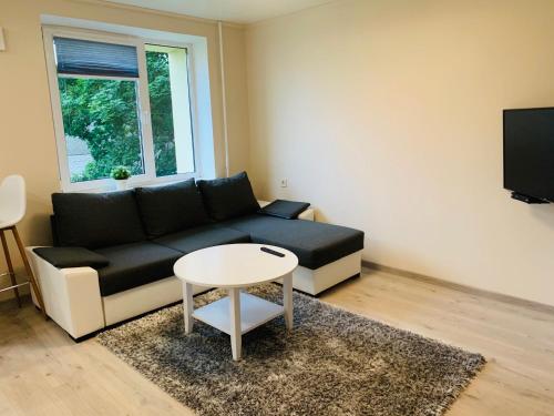 瓦尔加Sepa Apartment的客厅配有黑色沙发和桌子