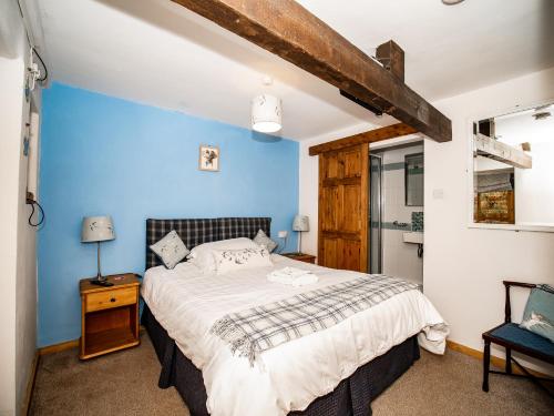 班伯里Stag's Head的一间卧室设有一张床和蓝色的墙壁