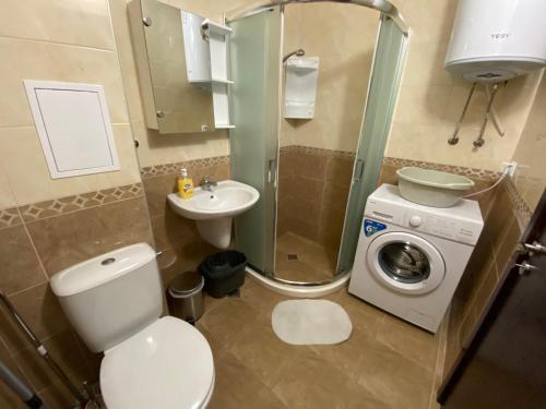 帕莫瑞Apartments Dione的浴室配有卫生间、盥洗盆和洗衣机。