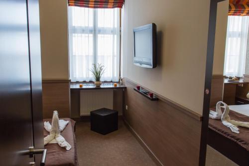 布达佩斯Central Hotel 21 and Apartments的配有电视和窗户的酒店客房