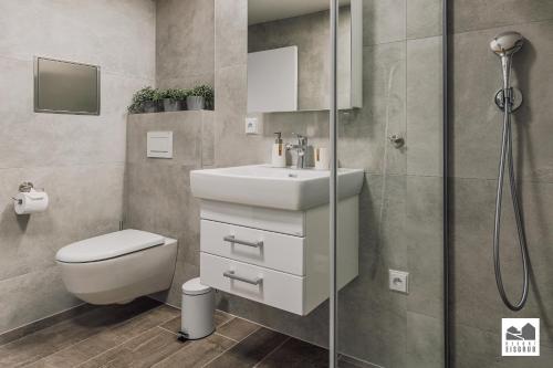 雷德尼斯Resort Lednice - Eisgrub的浴室配有卫生间、盥洗盆和淋浴。