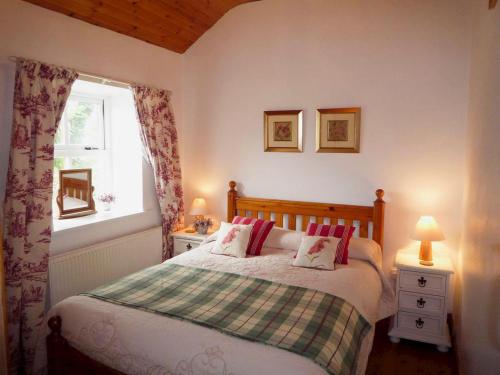 基洛格林Kizzie Cottage Killorglin by Trident Holiday Homes的一间卧室配有一张带红色枕头的床和一扇窗户
