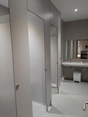 GonzarHosteria de Gonzar的浴室设有2扇玻璃门和水槽
