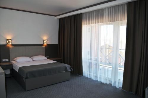 维尔科沃Delta Hotel的一间卧室设有一张床和一个大窗户