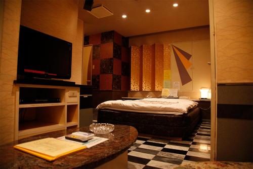 HOTEL K's GOMANGOKU adult only的酒店客房设有一张床和一张桌子及一台电视