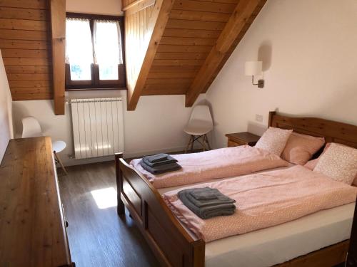 大圣玛丽亚La Pioda Vigezzo Santa Maria Maggiore Locazione Turistica的一间卧室配有一张带粉红色床单的大床