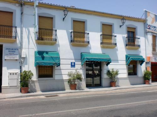Alcaracejos拉斯特雷斯霍塔斯旅舍的街道上带有绿色遮阳篷的白色建筑