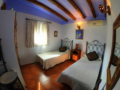 弗里希利亚纳Casa La Araucaria的一间卧室设有两张床,其中设有窗户。