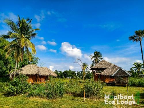 莫阿尔博阿Moalboal Eco Lodge的田野上的两座小屋和棕榈树