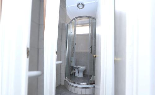 卢本巴希Park hôtel的一间带卫生间和镜子的浴室