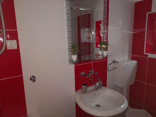 萨利Holiday home Dumboka的红色和白色的浴室设有水槽和卫生间