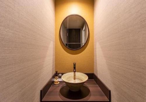 东京Galois Hotel Shinokubo的一间带水槽和镜子的浴室
