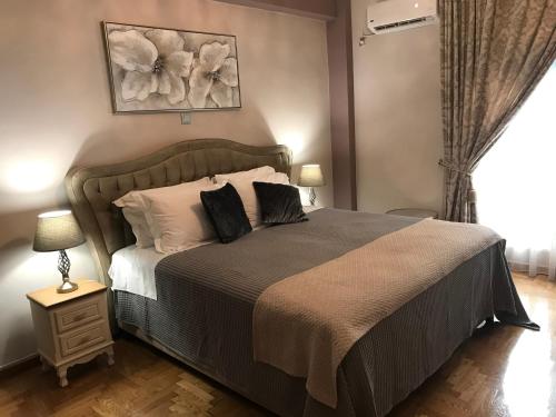 雅典Denise Luxury Apartment-Centre of Athens,Kolonaki的一间卧室设有一张大床和一个窗户。