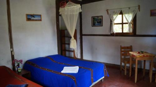 埃斯特利Finca Lindos Ojos的一间卧室配有一张床、一张桌子和一个窗户。