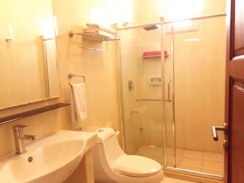 达累斯萨拉姆切尔西酒店的带淋浴、卫生间和盥洗盆的浴室