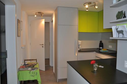 TramelanLa Ruche的厨房配有绿色和白色的橱柜和桌子