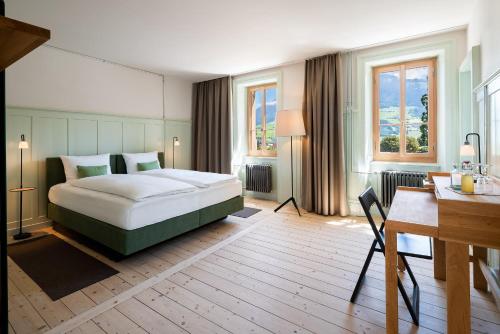 施坦斯Culinarium Alpinum的卧室配有一张床、一张书桌和窗户。