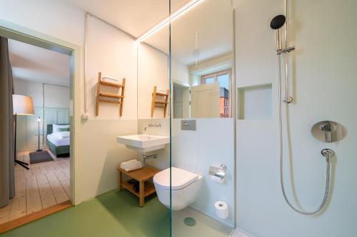 施坦斯Culinarium Alpinum的带淋浴、卫生间和盥洗盆的浴室
