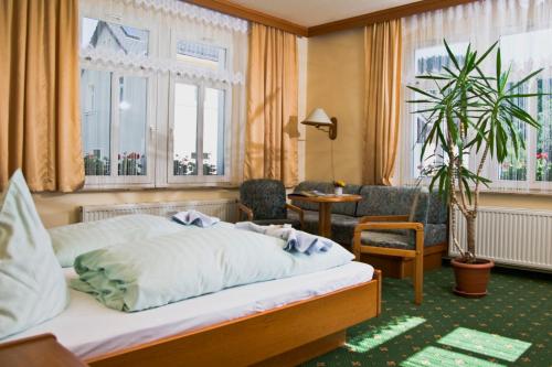 奥伊宾Land-gut-Hotel Cafe Meier的酒店客房带一张床、椅子和窗户