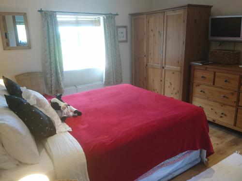 利姆The Old Post Office B&B的一间卧室配有一张带红色毯子的大床