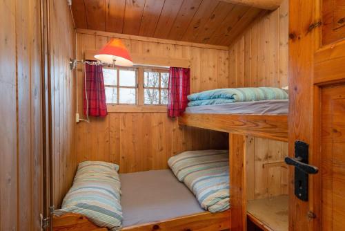MaurvangenBesseggen Fjellpark AS的小木屋设有两张双层床,配有窗户