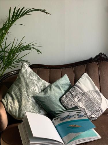 罗瓦涅米Wherever Mini Hostel的一张沙发上的书,上面有枕头和一本书