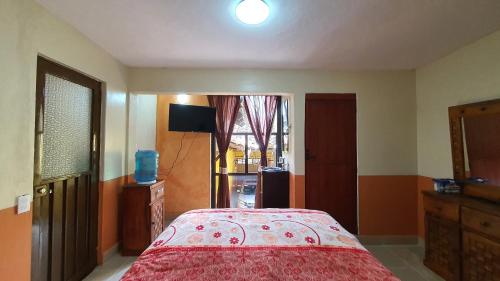 萨卡特兰Habitación sencilla en Zacatlán Centro的一间卧室配有一张带红色毯子的床