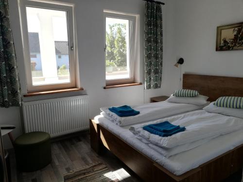 PăulişCasa Ago - Guest House的一间卧室配有两张床和蓝色毛巾。