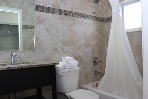好莱坞柯蒂斯汽车旅馆的浴室配有卫生间、盥洗盆和淋浴。