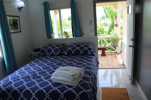 圣约翰斯Tropical Garden Cottage Antigua的一间卧室配有蓝色的床和毛巾
