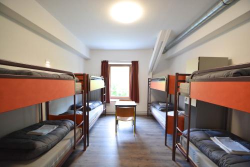 特纳维耶Auberge de Jeunesse de La-Roche Champlon的客房设有几张双层床和一张桌子。