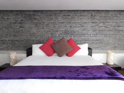 阿特利斯科Hotel & Spa Luna Canela Boutique的一间卧室配有一张大床,提供红色和紫色枕头