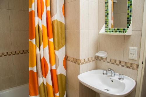 圣卡洛斯-德巴里洛切DEPARTAMENTO CON EXCELENTE UBICACIÓN的一间带水槽和淋浴帘的浴室