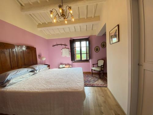 拉达-因基安蒂Podere Terreno alla via della volpaia的卧室设有粉红色的墙壁和一张大床