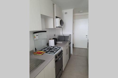 伊基克AMUNATEGUI 173 Iquique Centro, ejecutivos的厨房配有白色橱柜和炉灶烤箱。