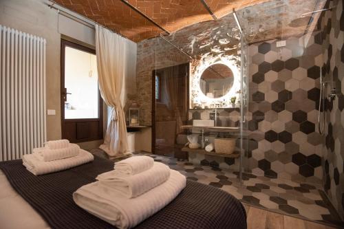 阿雷佐Fioraia5 Dimora的浴室提供2条白色毛巾和淋浴。