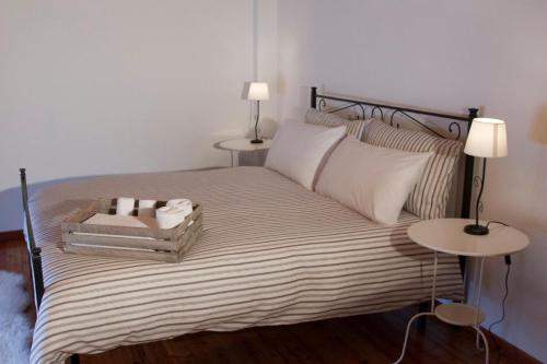 特雷尼亚戈B&B Antico Borgo Marcemigo的一间卧室配有一张带两张桌子和两盏灯的床。