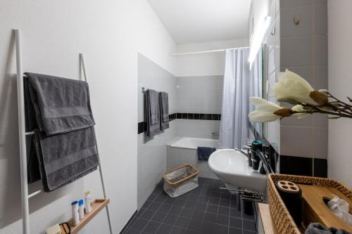 卢塞恩OfficeWerft Business-Apartments的浴室配有盥洗盆、卫生间和浴缸。