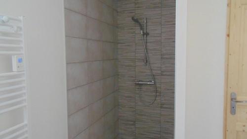Belmont-sur-ButtantAppartement 52m2 - Location vacances Vosges的带淋浴的浴室,浴室设有砖墙