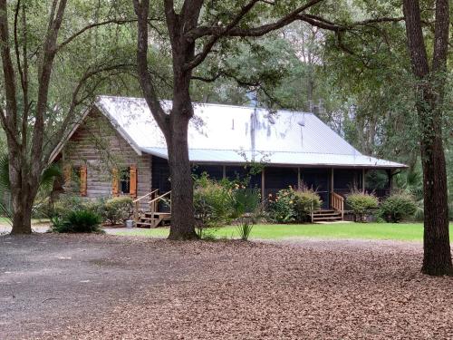 OcklawahaLog Home Guest House的小木屋,带金属屋顶和树木