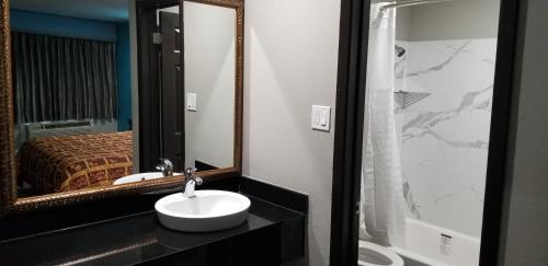 梅斯基特Delux Inn Mesquite的一间带水槽和镜子的浴室