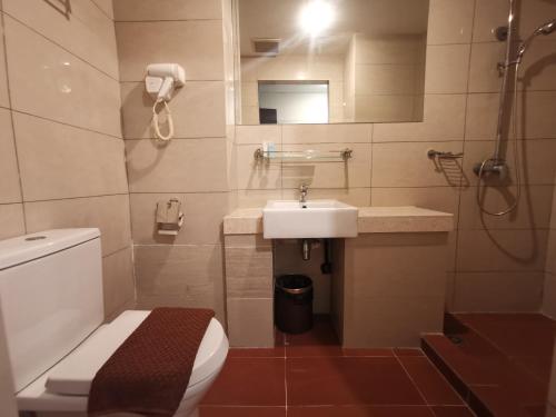 拿笃Hotel De Leon II的浴室配有卫生间、盥洗盆和淋浴。