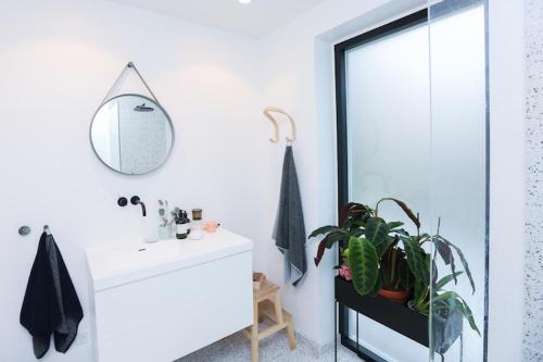 哥本哈根Modern architecture atrium house的浴室设有水槽、镜子和植物