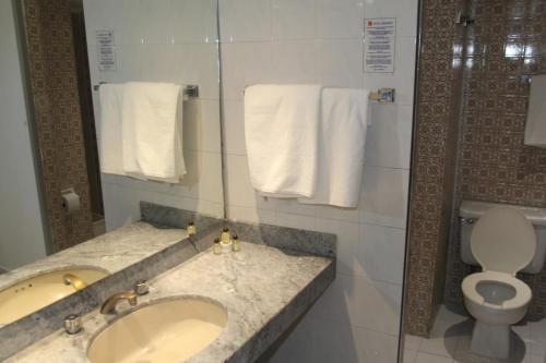 瓜达拉哈拉环球酒店的浴室配有盥洗盆、卫生间和毛巾。