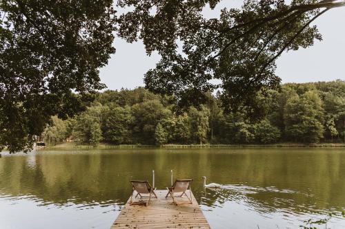 Sveti Jurij ob ŠčavniciFalkensteiner Premium Camping Lake Blagus的两把椅子坐在湖面的码头上