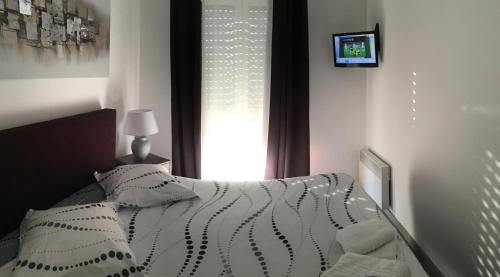 阿朗松LE PONT NEUF 61的一间卧室设有一张床和一个带电视的窗户。