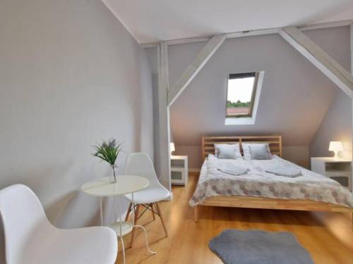 杜什尼基-兹德鲁伊Apartament w Mieście的卧室配有一张床和一张桌子及椅子